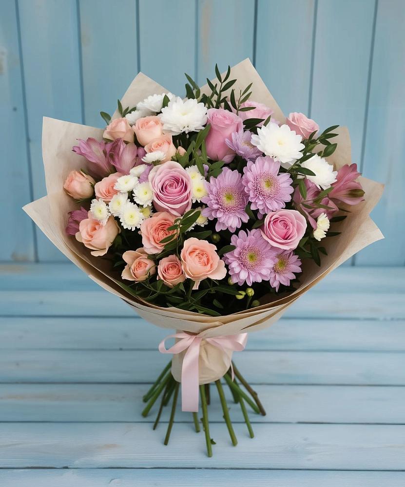 Букет цветов из: Хризантемы, Розы и Альстромерии в Мирный Самарская область
