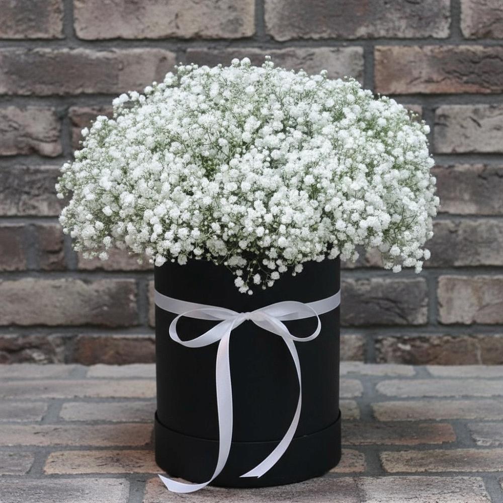 Цветочная композиция из Гипсофила в шляпной коробке в Мирный Самарская область