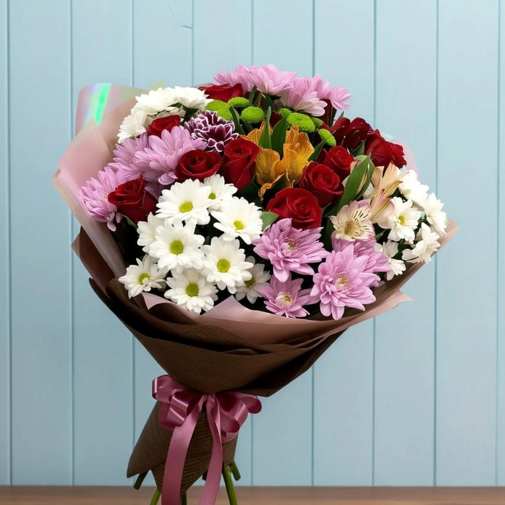 Букет цветов из: Розы, Хризантемы и Альстромерии в Мирный Самарская область